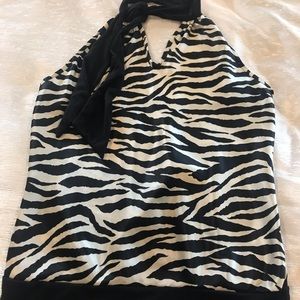 Zebra print silky halter with black wrap neck tie
